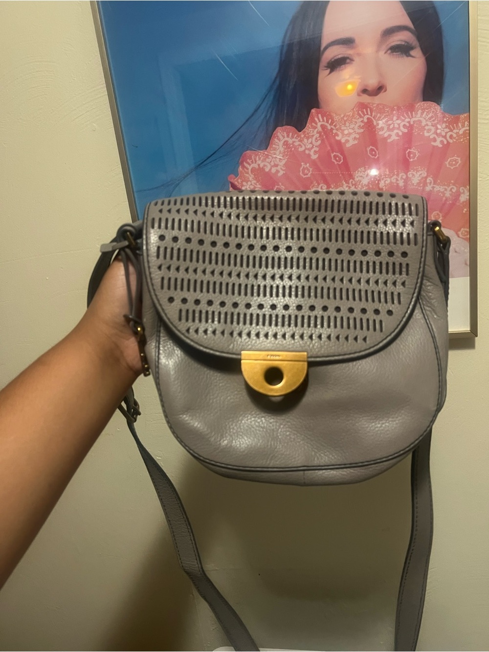 Fossil Gray Leather Perforated Flap Crossbody with Gold-Tone Lock